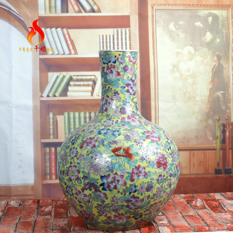 Jingdezhen ceramics vase landing high - grade hand - made yellow flower powder tree decoration pieces of new Chinese style