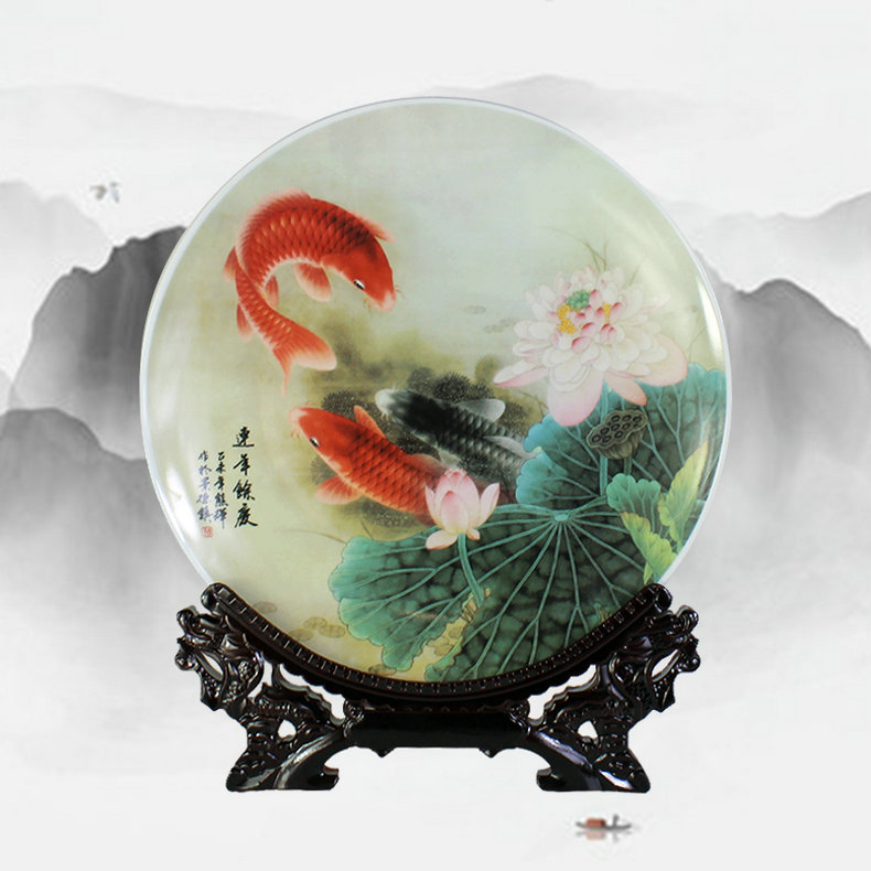 Child Chinese Jingdezhen ceramics hanging plate sitting room place peony fish rich ancient frame decoration craftsman household