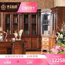 Luxurious European-style desk bookcase combined corner solid wood bookcase with door carved American red oak wood book house furniture