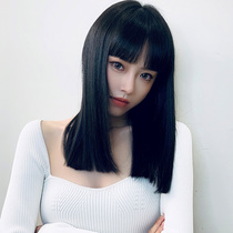 Wig female summer long hair natural full head cover style comic bangs Medium long hair One-size-fits-all qi bangs straight hair wig set