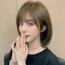 Wig womens summer short hair styling real hair full head cover type medium long hair net red round face bobble head wig set