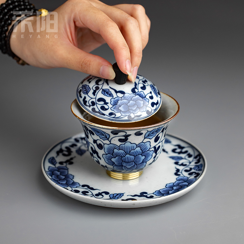 Send Yang only three tureen large single ceramic cups kung fu tea set of blue and white porcelain bowl with tea cup home