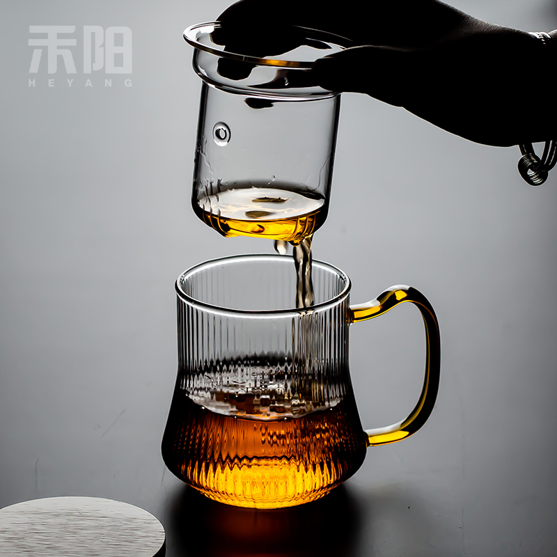 Send Yang Japanese heat - resistant glass cup three filtering water glass tea cup with lid office flower tea cups