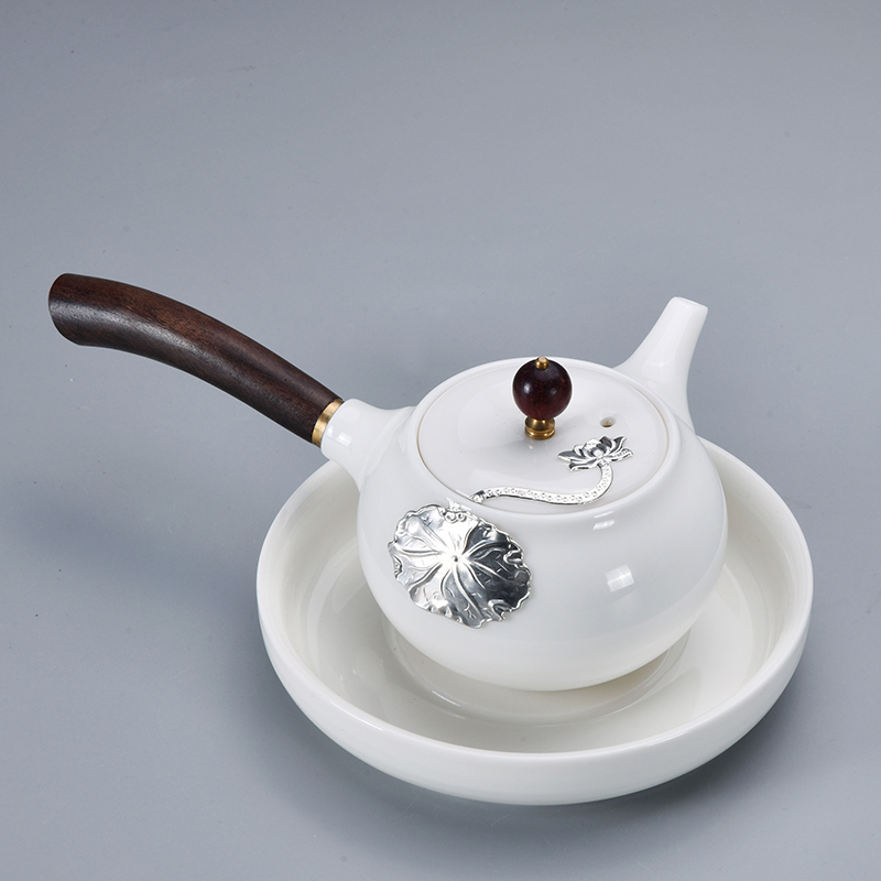 Xu dehua white porcelain ink suet jade inlay silver tea set household contracted ceramic office kung fu tea cups