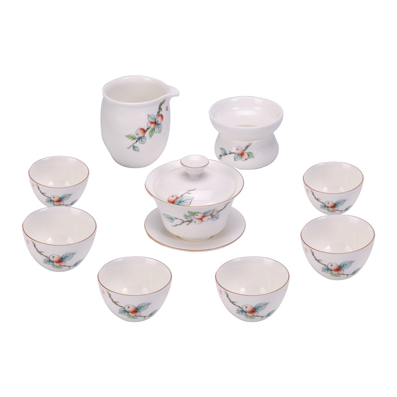 Xu ink handpainted suet jade dehua white porcelain kung fu tea set a complete set of domestic three tureen ceramic cups