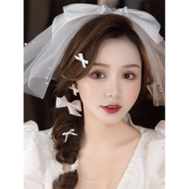 White bow short yarn bridal photo hairclip earrings headgear set Mori styling registration hair accessories