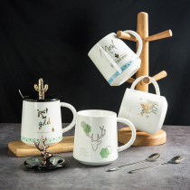 ins Nordic couple simple antler ceramic cup mug Large capacity breakfast milk cup Tea cup Send cover spoon