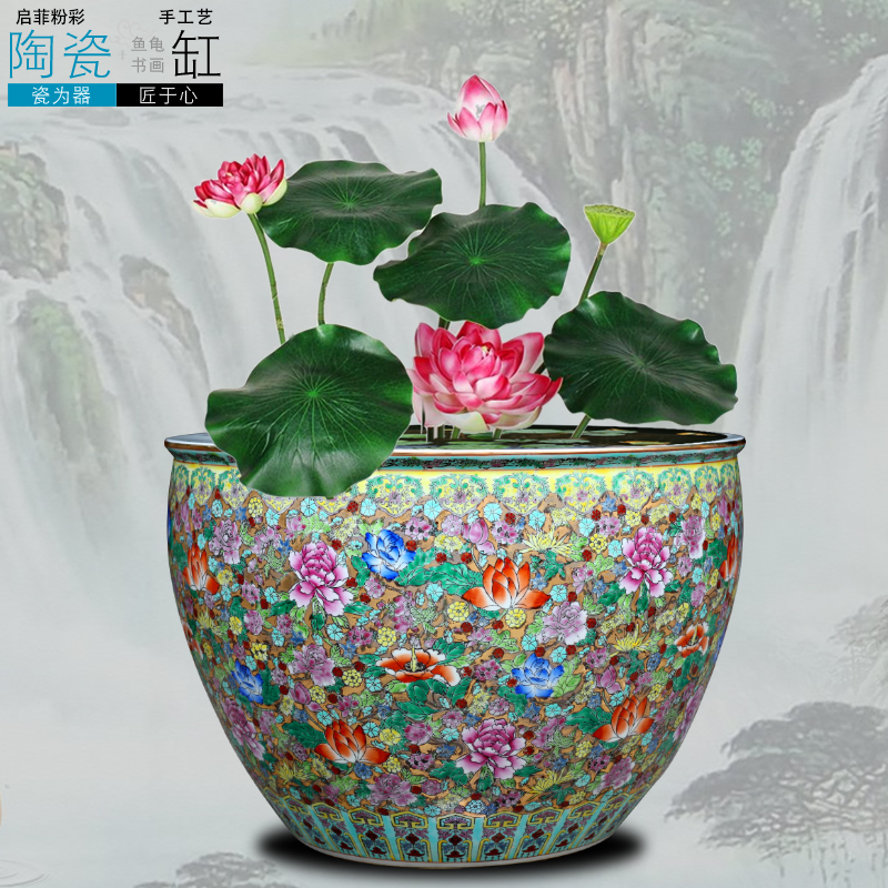 Jingdezhen ceramic cylinder tank water lily bowl lotus feng shui turtle painting and calligraphy calligraphy and painting scroll cylinder ceramics is increasing in furnishing articles