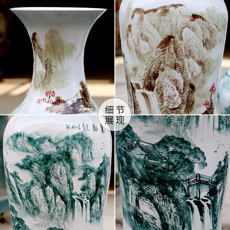 Jingdezhen ceramic hand - made traditional Chinese painting landscape big vase sitting room hotel opening gifts store hall floor furnishing articles