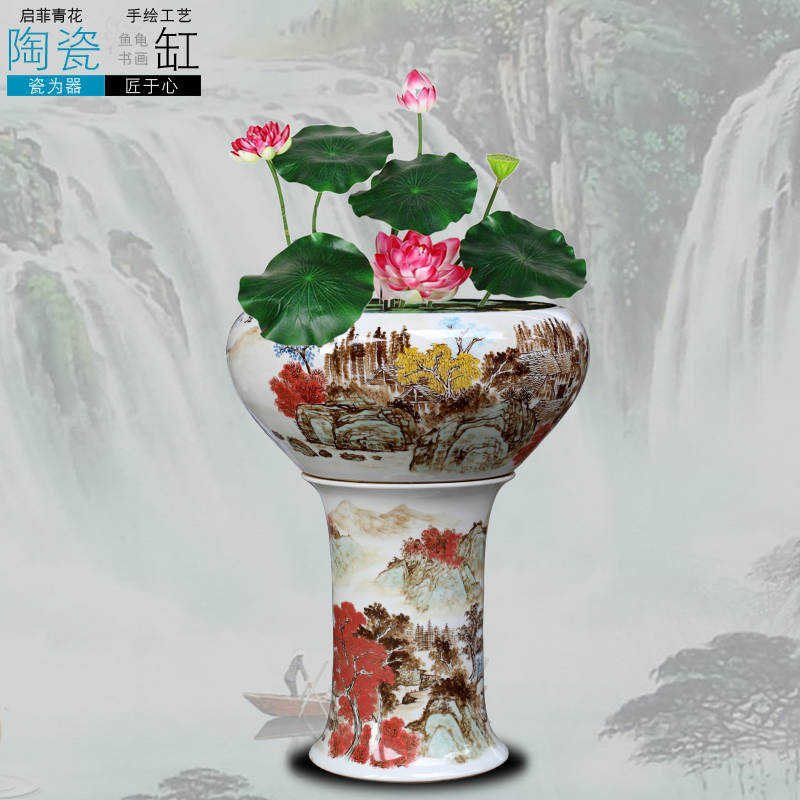 Ceramic aquarium jingdezhen porcelain base creative goldfish bowl high water shallow tortoise cylinder water lily breed fish bowl lotus flowers