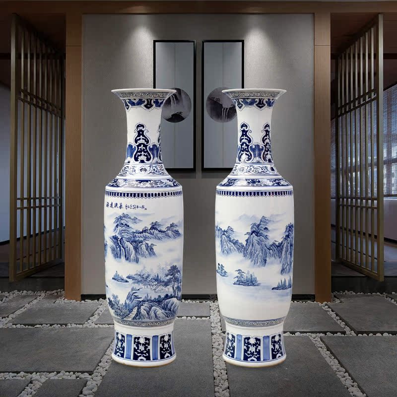 Jingdezhen blue and white porcelain has a long history in the hand - made landscape painting of large vase household living room TV cabinet furnishing articles