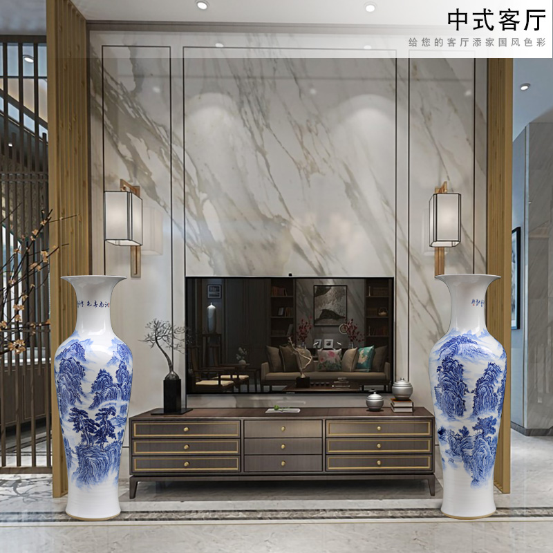 Jingdezhen blue and white porcelain hand - made jiangnan spring scenery landscape painting of large vase household ceramic furnishing articles sitting room adornment