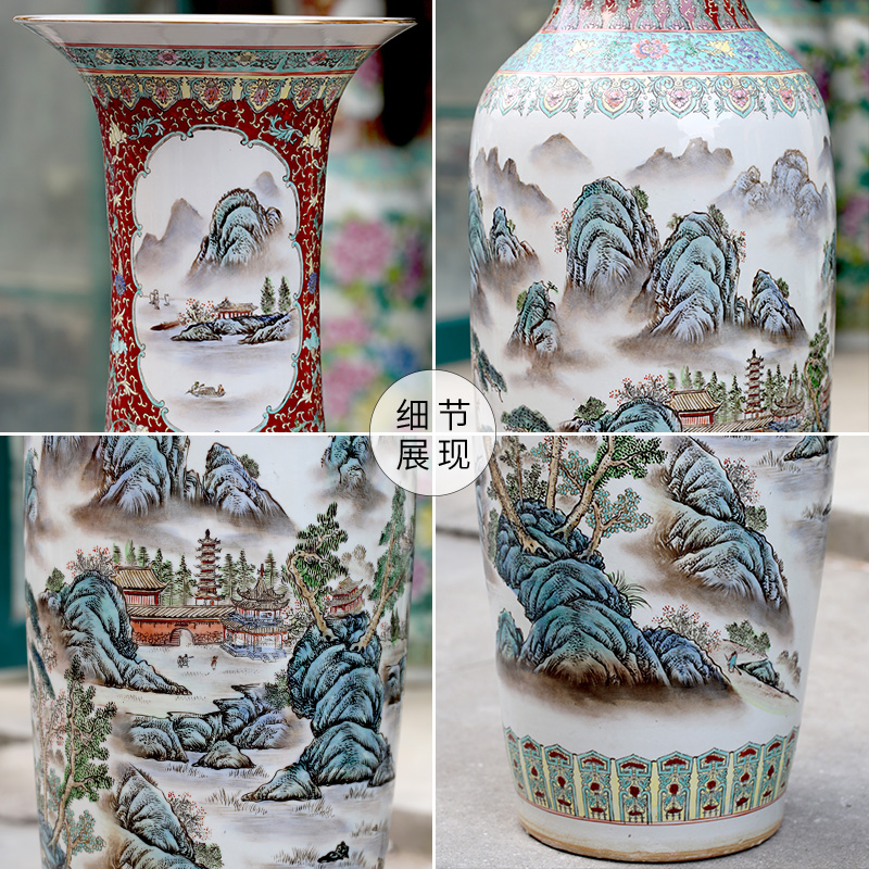 Jingdezhen ceramics antique hand - made landscape painting landing big vases, new Chinese style living room decorations furnishing articles
