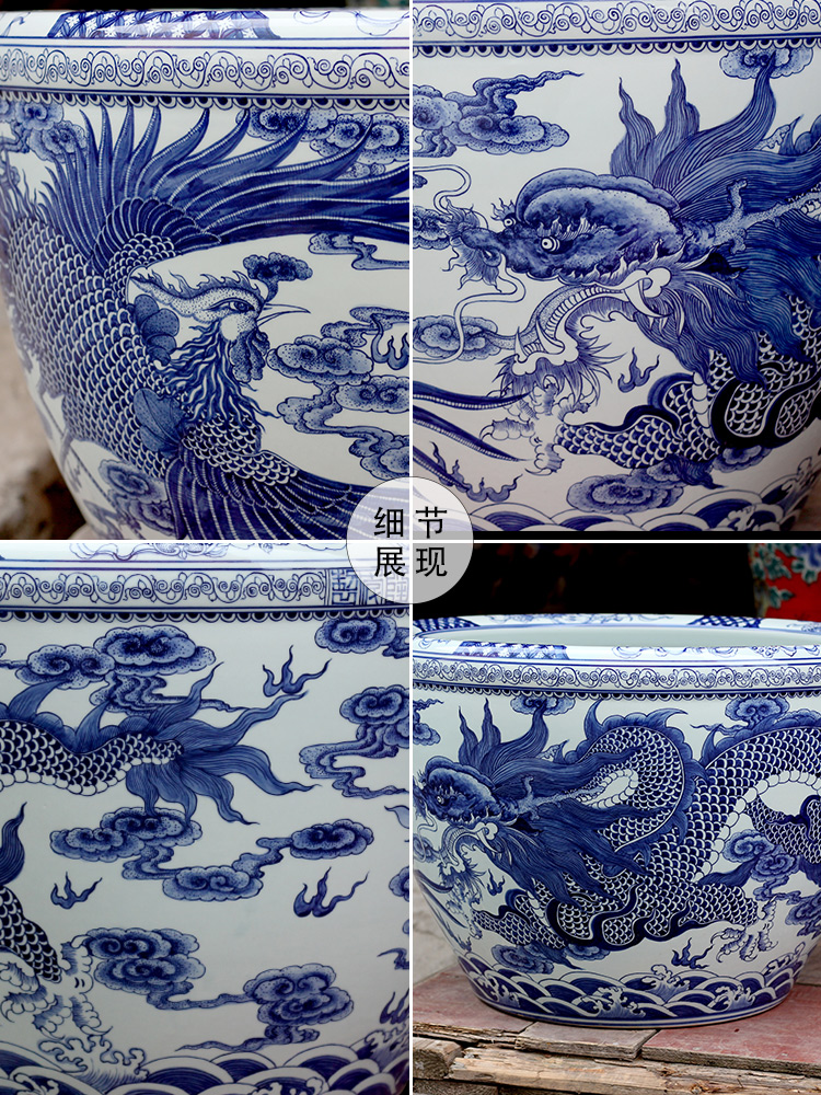 Jingdezhen porcelain VAT blue and white porcelain ceramic aquarium longfeng brocade carp cylinder lotus hotel backyard furnishing articles furnishing articles