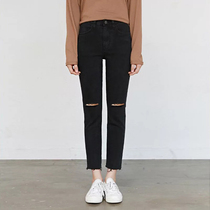 Rotten hole jeans female straight tube summer thin black loose student Korean thin bf wind eight small ankle-length pants