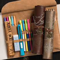 Nine years six classes Silk Road roll pen bag Korean simple multi-functional men and women large capacity high school students retro Junior high school students Sketch special pen curtain Primary school students Creative childrens color lead stationery box
