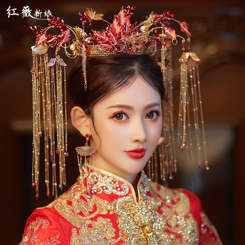 original brand hongwei bride chinese tassel ancient dress round xiuhe suit fengguan wedding xiuhe headdress new style