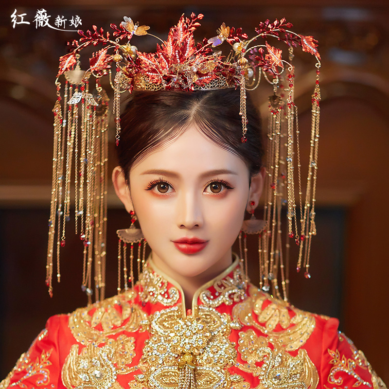 original brand hongwei bride chinese tassel ancient dress round xiuhe suit fengguan wedding xiuhe headdress new style