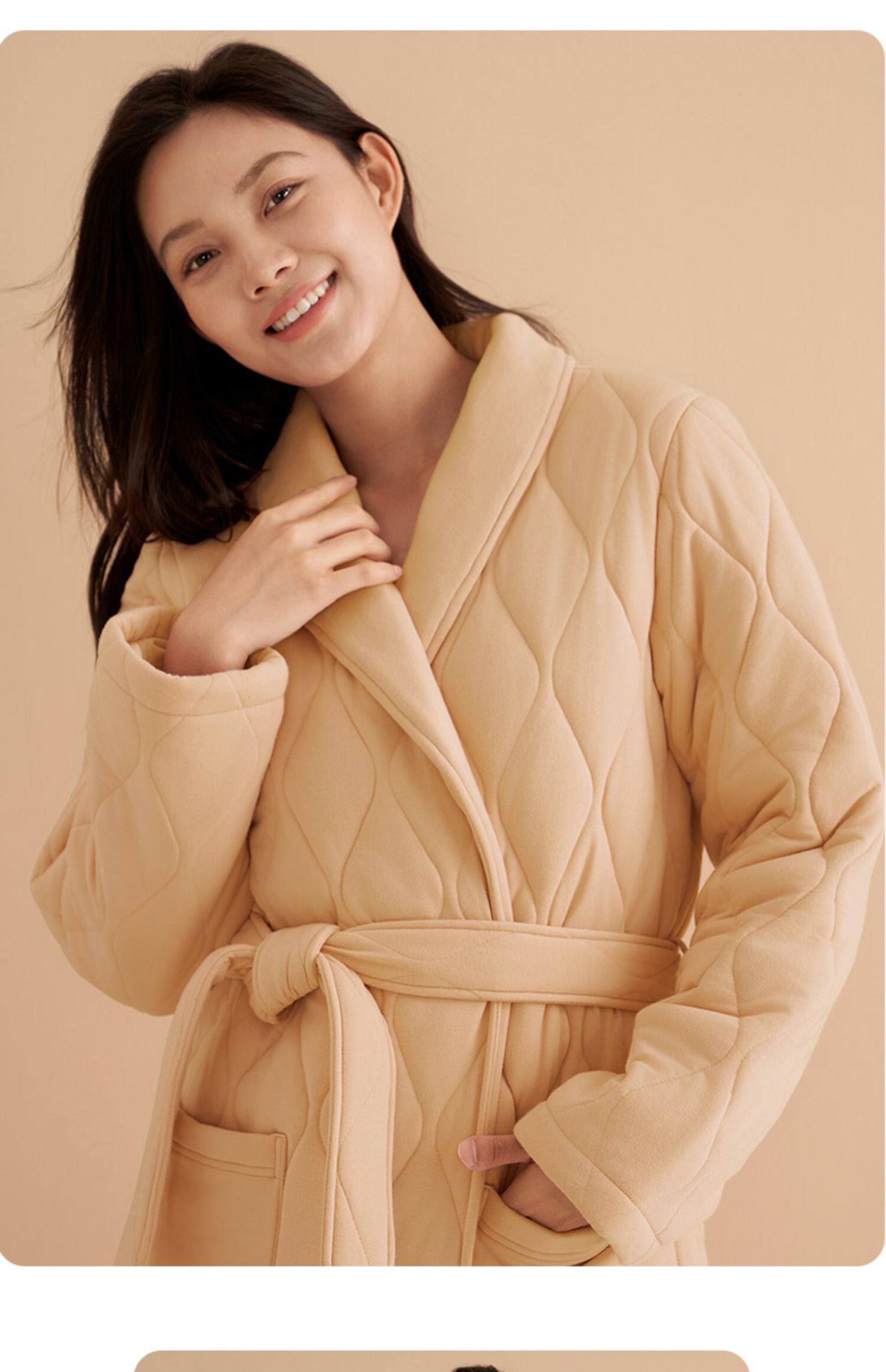 曼妮芬棉质生活针织睡衣加厚绗棉翻领开襟长袖女睡袍男情侣家居服