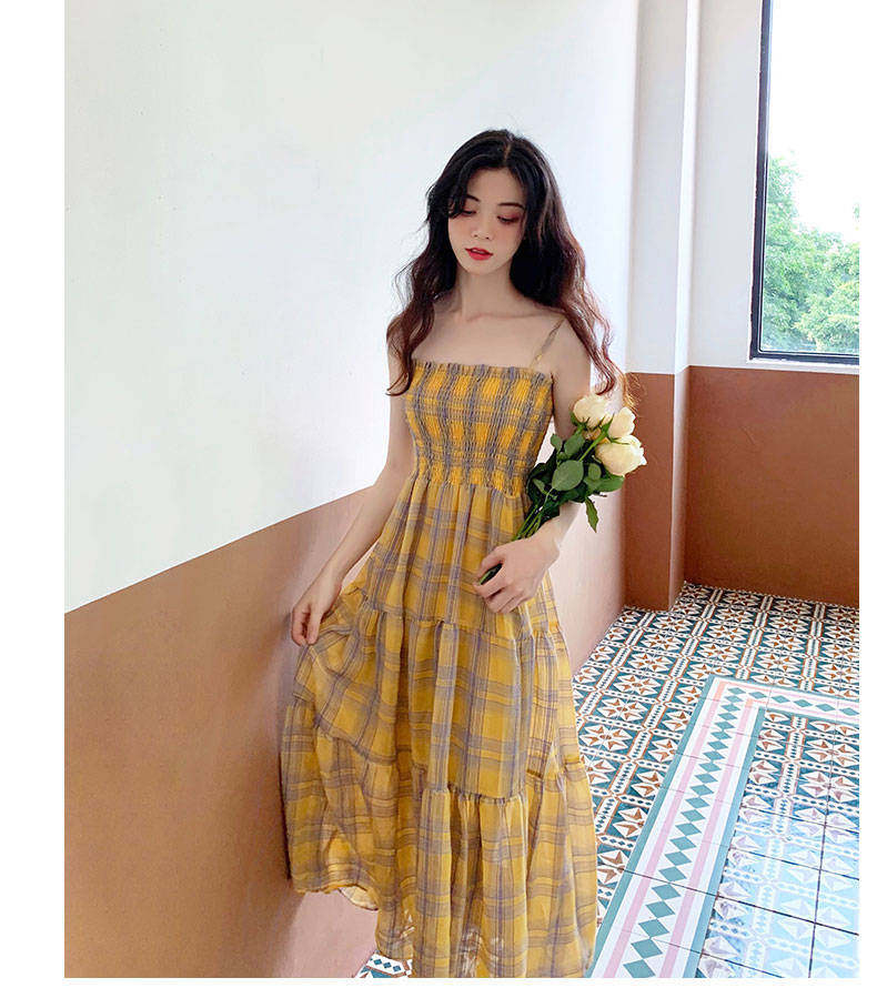 格子吊带雪纺连衣裙女学生2020新款韩版夏季小清新修身显瘦中长