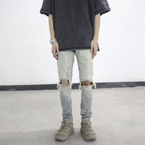 POCKET INS European and American High Street pants light blue water washed up with small feet breaking hole denim Jeans Tide man Summer