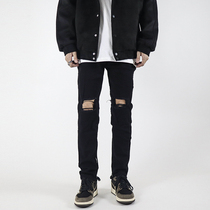 POCKET INS European and American High Street pants zipped straight cylinder black Broken Hole Jeans for a small foot Chaobou