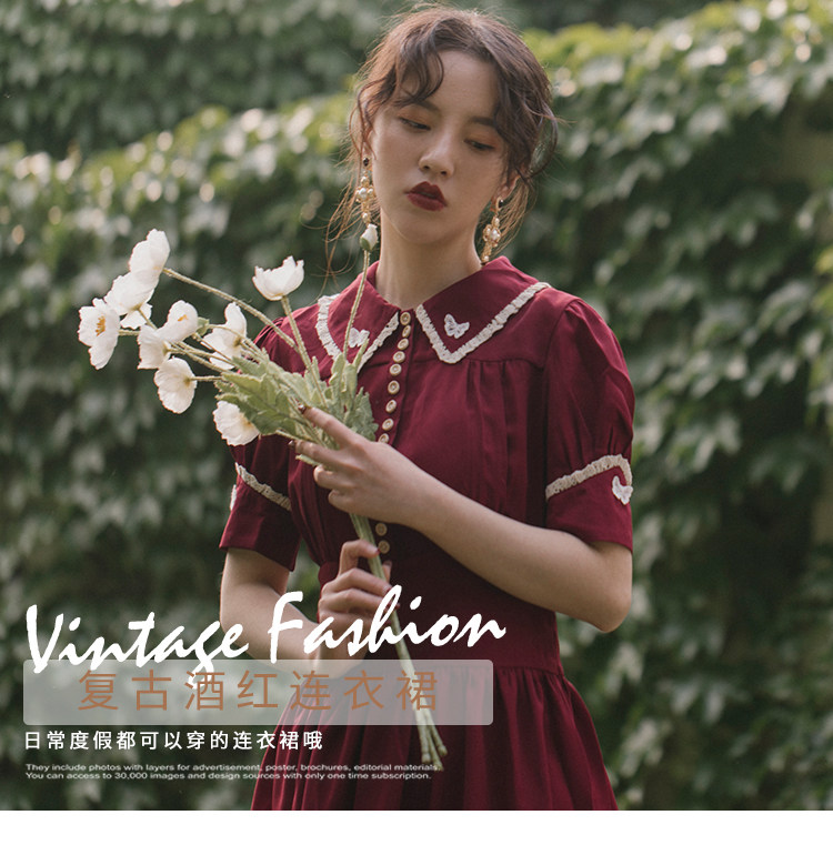 复古宫廷百搭高腰雪纺红色连衣裙中长小个子夏 25
