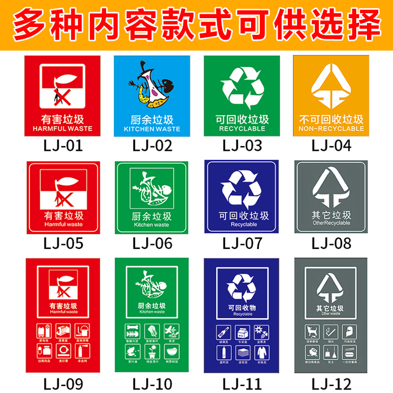 垃圾桶分类标识贴纸有害厨余干湿干垃圾标识贴标签危险废物废标志标贴