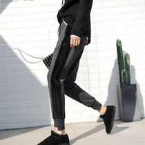 Sports casual pants womens autumn and winter Korean retro simple plus velvet padded color stitching small feet loose Harlan pants