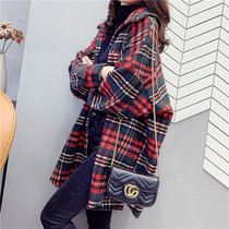 Plaid shirt Womens Spring and Autumn Korean vintage medium-length color long sleeve plush shirt loose thickened woolen jacket
