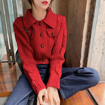 Twist sweater cardigan female spring and autumn Korean retro red coarse wool loose lazy short thick knit sweater coat