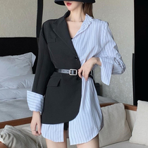 Fake two-piece shirt suit women autumn fashion simple irregular design sense stitching suit long coat jacket