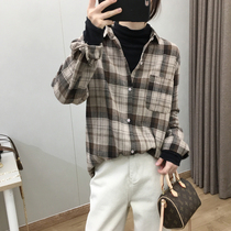 Plaid polished shirt Womens Spring and Autumn retro loose casual thin simple versatile contrast color long sleeve plaid shirt