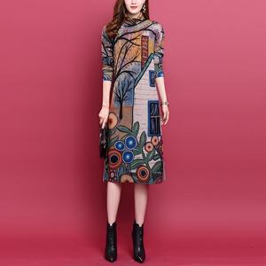 High neck long wear autumn winter 2020 new style over knee print wool skirt knitted dress