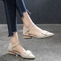 2021 summer new Baotou sandals womens four seasons wild leather flat shoes thick heel pointed single shoes