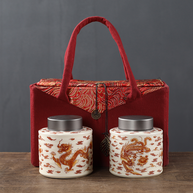 Longfeng ceramic large household storage tank is the west lake longjing tea double tin cover POTS of gift bag packaging