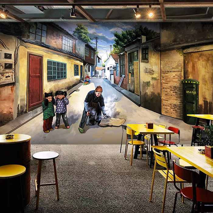 马路边边壁纸3d复古怀旧80年代清吧壁画烧烤麻辣烫学校店背景墙纸
