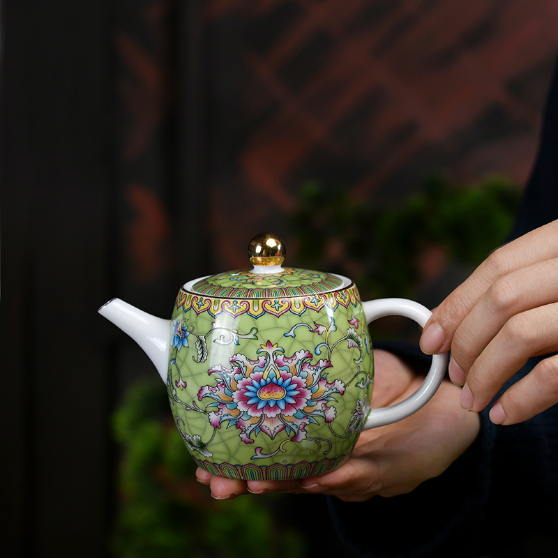 Colored enamel tea kettle ceramic household pure manual side pot of kung fu teapot little teapot girder single pot pot