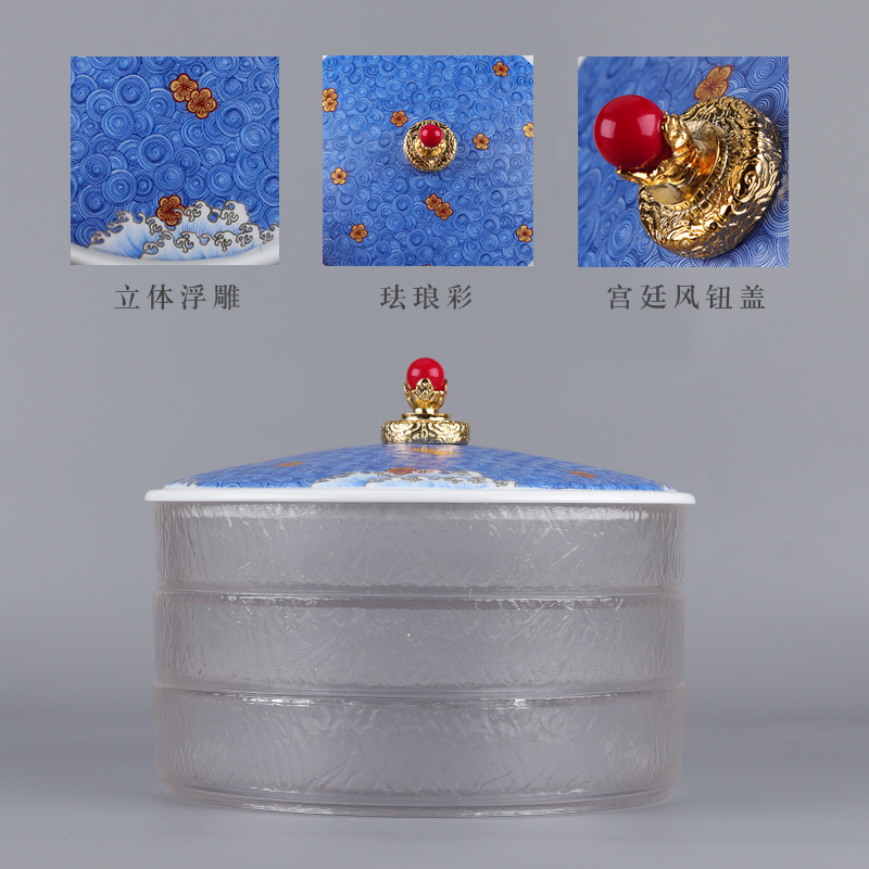 Chinese wind colored enamel puer tea cake ceramic tea pot white tea cake court wind glass multi - layer puer tea boxes