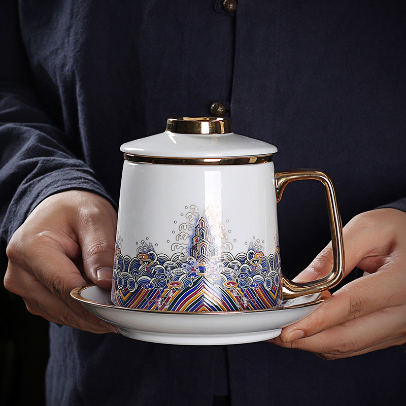 High - end gift mugs with cover filter household ceramic cups boss glass tea cup custom office