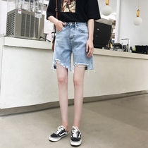Tide brand new light-colored hole denim shorts women ins high waist wide leg straight loose middle pants riding five-point pants
