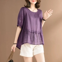 Summer new literary retro shirt round neck top womens pullover solid color thin belly five-point short sleeve shirt Women