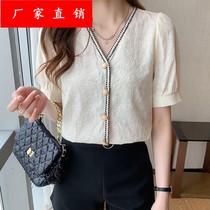 Shirt women 2021 summer New Stitching small fragrance temperament small shirt embroidered v collar top TX-ZS