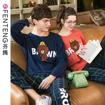 Fenteng Chunqiu couple long-sleeved pajamas female pure cotton loose Korean Brown Bear Leisure Cartoon home clothing suit