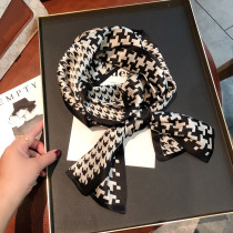 Houndstooth black mulberry silk scarf womens spring and autumn all-match double-sided silk scarf narrow long scarf streamer