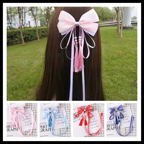 Antique blue and white porcelain of the big bowknot tassel ribbon hair Chinese wind restoring ancient ways hanfu hairpin children adult headdress