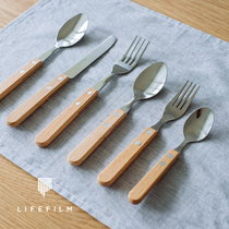 Food shooting props Japanese beech wood wood handle steak knife and fork spoon Stainless steel knife and fork INS Western tableware