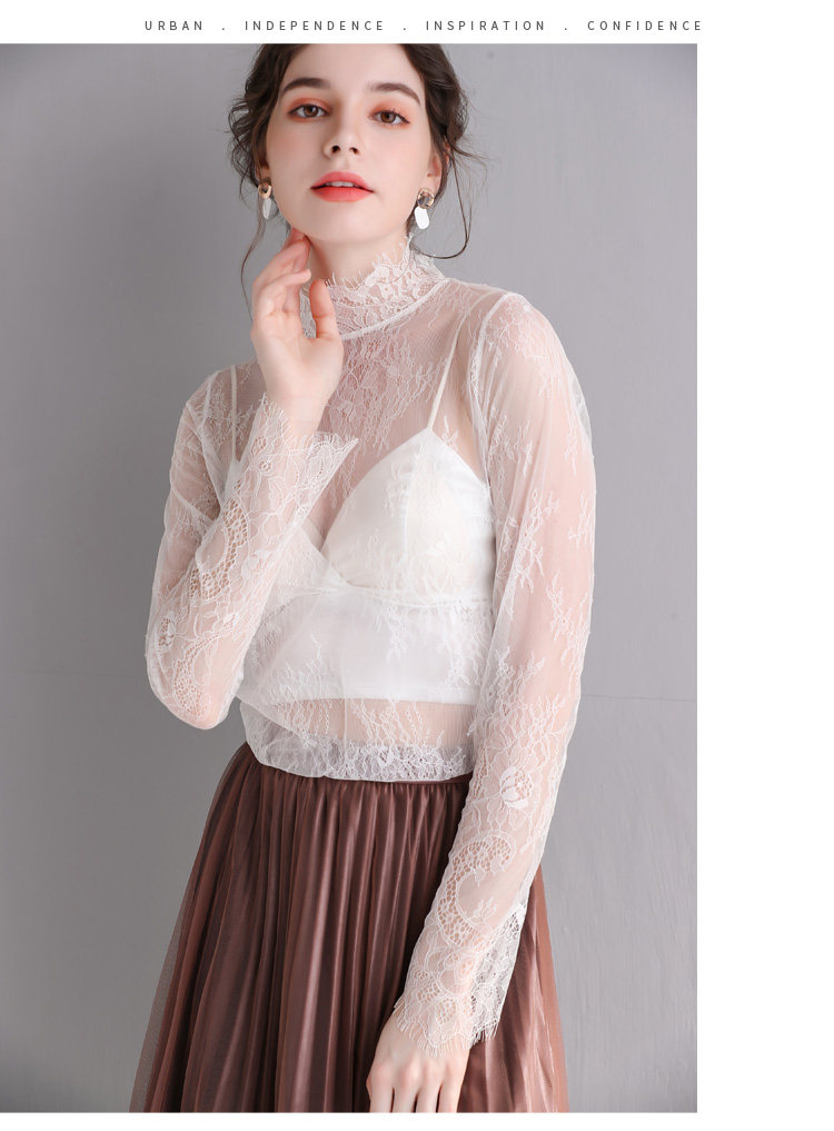 yibusheng透明白色网纱上衣女薄纱长袖性感洋气内搭纱衣镂空大码蕾丝