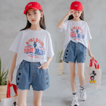 Italy Bambet girls summer short sleeve t-shirt denim shorts set 2021 childrens casual loose top