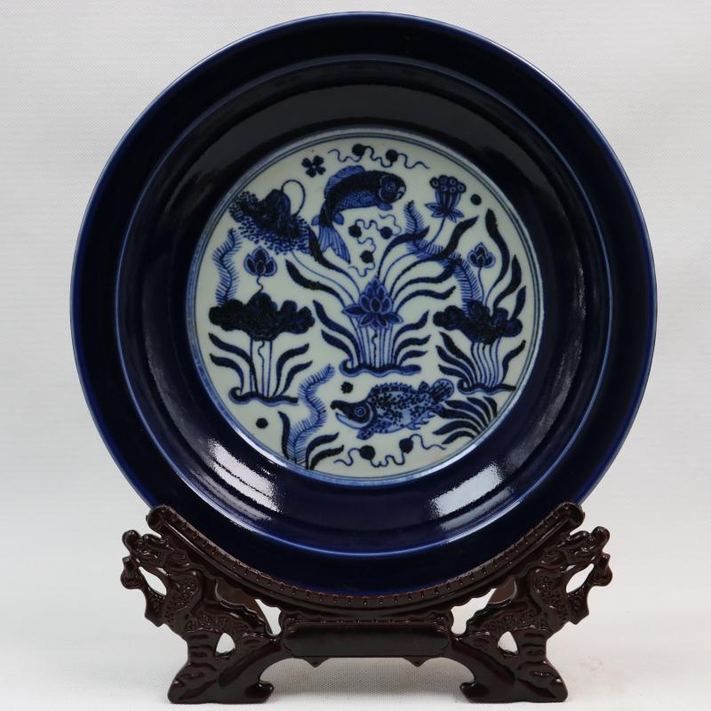 Jingdezhen generic indigo reward of zheng he 's offering gong Ming yongle years offering a flower plate antique reproduction antique furnishing articles